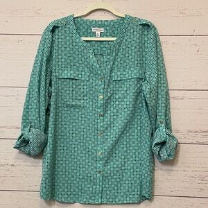 Croft & Barrow Aqua Blouse with Navy Geometric Pattern,  Size XL, NWOT